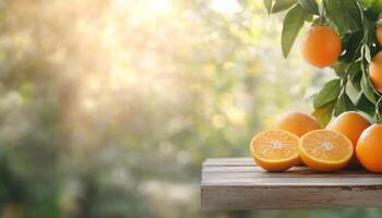 Freshly cut oranges on a wooden table with a sunny orchard background photo
