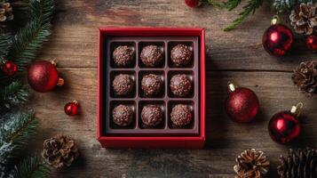 Festive chocolate truffles in a red box surrounded by Christmas decorations photo