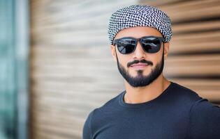 Man wearing sunglasses and traditional attire smiles outdoors in a sunny urban setting photo