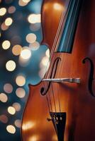Beautiful wooden violin with soft bokeh lights in the background during a festive evening photo