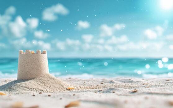 Sandcastle stands tall on sunny beach with ocean waves in the background photo