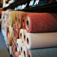 Variety of colorful rolls of carpet displayed in a home improvement store photo