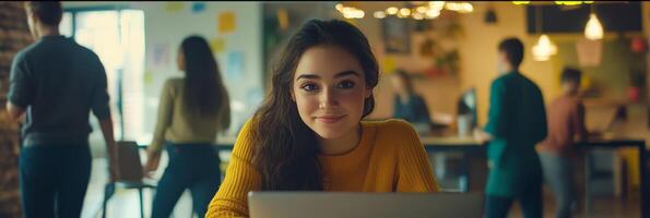 Young woman focused on laptop in modern workspace during daytime with colleagues in background photo