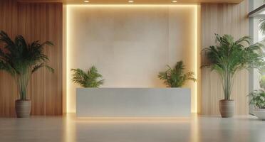 Modern reception area with minimalistic design and lush greenery in bright interior space photo