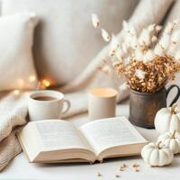 Cozy indoor setting with a book, coffee, and autumn decor in soft neutral tones photo