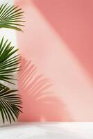 Vibrant plant casting shadows on modern coral and white wall design with sunlight photo