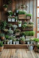 Beautiful indoor garden with various plants and flowers arranged on wooden shelves photo
