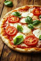 Classic Margherita pizza with fresh basil and tomatoes on rustic wooden table photo