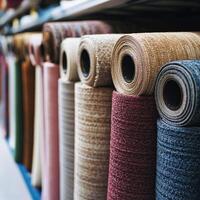 Variety of colorful rolls of carpet displayed in a home improvement store photo