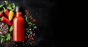 Colorful assortment of fresh ingredients and hot sauce on a dark surface in a kitchen setting photo
