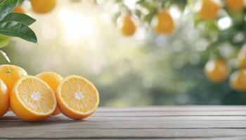 Freshly cut oranges on a wooden table with a sunny orchard background photo