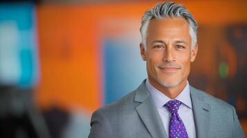 Confident professional man in gray suit with purple tie smiling in bright office environment photo