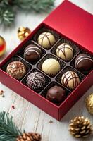 Delicious selection of assorted chocolates in a red gift box during festive season photo