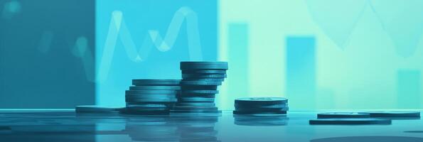 Financial growth represented by stacked coins and graphs illustrating market trends and investment photo