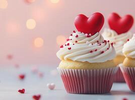 Sweet cupcakes decorated with heart toppers for a romantic celebration photo