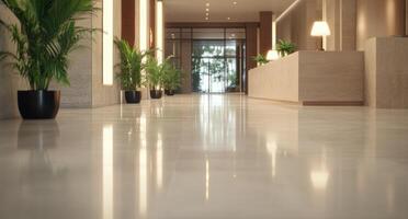 Modern reception area with minimalistic design and lush greenery in bright interior space photo