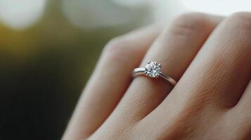 Engagement ring displayed on a hand with a blurred background during a romantic moment photo