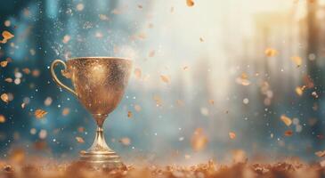 Golden trophy surrounded by falling leaves in a serene landscape at twilight photo