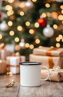 Cozy winter morning with hot drink and holiday decorations in the background photo