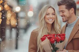 Romantic couple sharing a joyful moment with roses on a city street in autumn photo