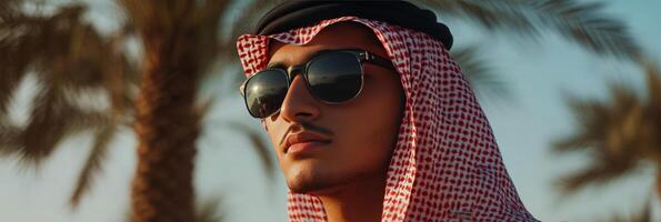Young man wearing traditional attire and sunglasses poses confidently among palm trees photo