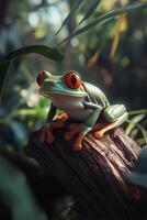 Red eyed tree frog resting on a log in a lush tropical environment during daylight hours photo