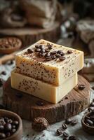 Natural handmade soap with coffee beans and candles on rustic wooden table in cozy setting photo