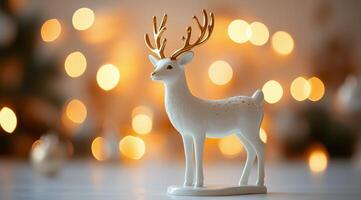 Elegant white deer figurine surrounded by warm festive lights at holiday season photo