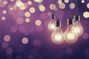 Hanging light bulbs illuminate a vibrant purple wall, creating a cozy atmosphere in the evening photo