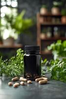 Natural supplements displayed in a modern kitchen with greenery during daylight hours photo