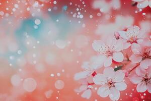 Delicate white flower amidst sparkling water droplets on a soft pink background photo