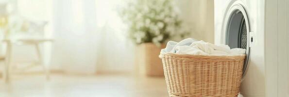 Bright laundry room in the morning with a washing machine and a basket of clean clothes photo