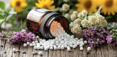 Herbal remedies displayed with homeopathic pellets and fresh flowers on wooden table photo