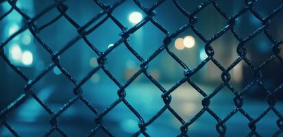 Dewdrops glimmer on a chain link fence in the cool morning light of early spring photo
