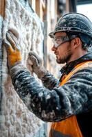 Construction worker insulating wall with foam at a building site in the afternoon light photo