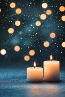 A lit white candle on a sparkly surface with glowing bokeh lights in a cozy evening photo