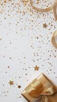 Golden stars and glitter create a festive frame for celebratory decorations on a white background photo