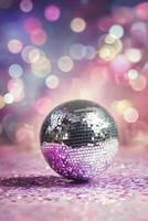 Shimmering disco ball with colorful bokeh background in a lively party atmosphere photo