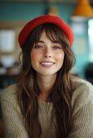 Young woman with a red beret smiles warmly while sitting in a cozy cafe during daylight hours photo