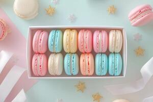 Colorful macarons in a white box with gifts and decorations on a pink background photo