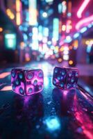 Colorful neon dice on a wet city street showcasing vibrant lights at night photo