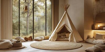 Cozy indoor teepee setup with soft cushions and natural decor in a bright room photo