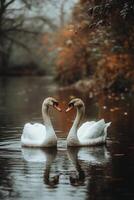 Two swans forming a heart shape on a tranquil lake at sunset in autumn photo