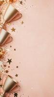 Celebratory gold cups and colorful confetti on a pastel pink background for a festive occasion photo