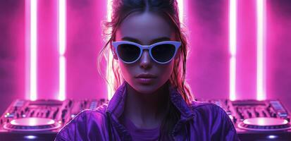 A DJ performing in a vibrant neon lit club while wearing stylish sunglasses at night photo