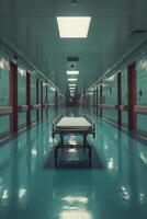 An empty hospital corridor with a gurney during a calm afternoon photo