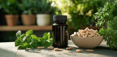 Natural supplements on a table with green plants and a bowl of capsules in a wellness setting photo