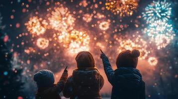 Children enjoying a spectacular fireworks display during a winter celebration at night photo