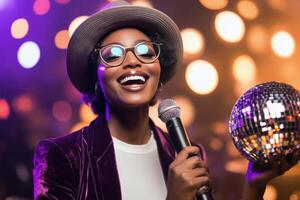 A woman in a purple blazer sings passionately while holding a sparkling microphone on stage at night photo