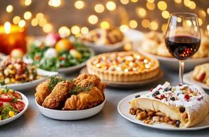 A festive table of tasty dishes and white wine for a cozy gathering photo